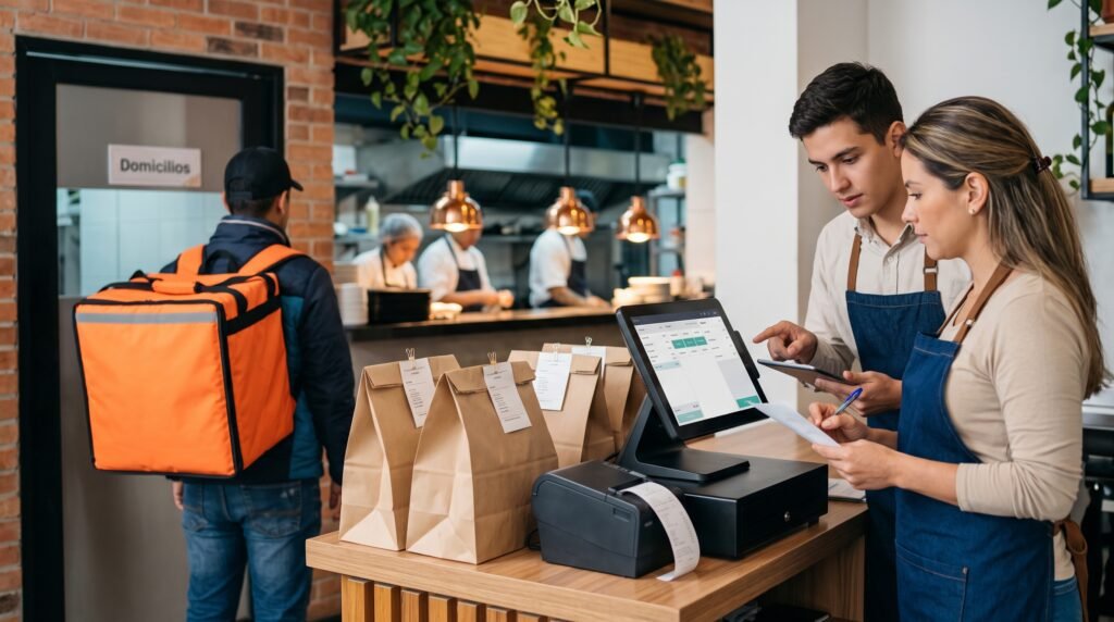 Personal de restaurante revisando pedidos de domicilio en un sistema POS