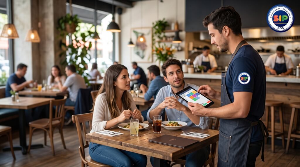 Mesero tomando pedidos desde la mesa con un sistema POS móvil