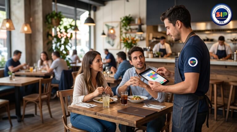 Mesero tomando pedidos desde la mesa con un sistema POS móvil